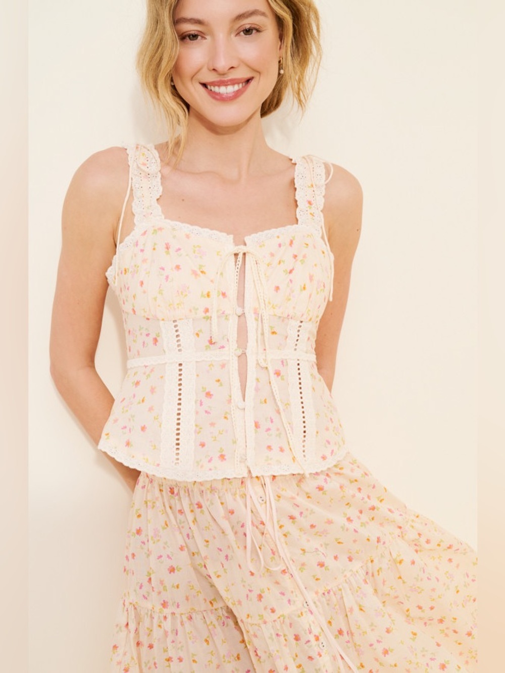 For Love & Lemons x Nuuly Morgan Corset Top Lace-Trim Floral Camisole in Cream